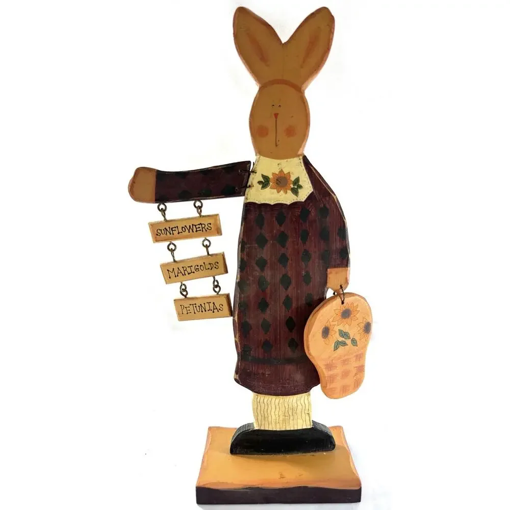 Hand Painted Wooden Bunny Figurine 14” Folk Art Rabbit Sunflower Primitive Decor